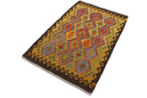 Flat Weave Kilim Antique Navaho Vintage handmade Geometric Kilim Brown Gold Hand-Woven Rectangle 100% Wool Area Rug 3x5